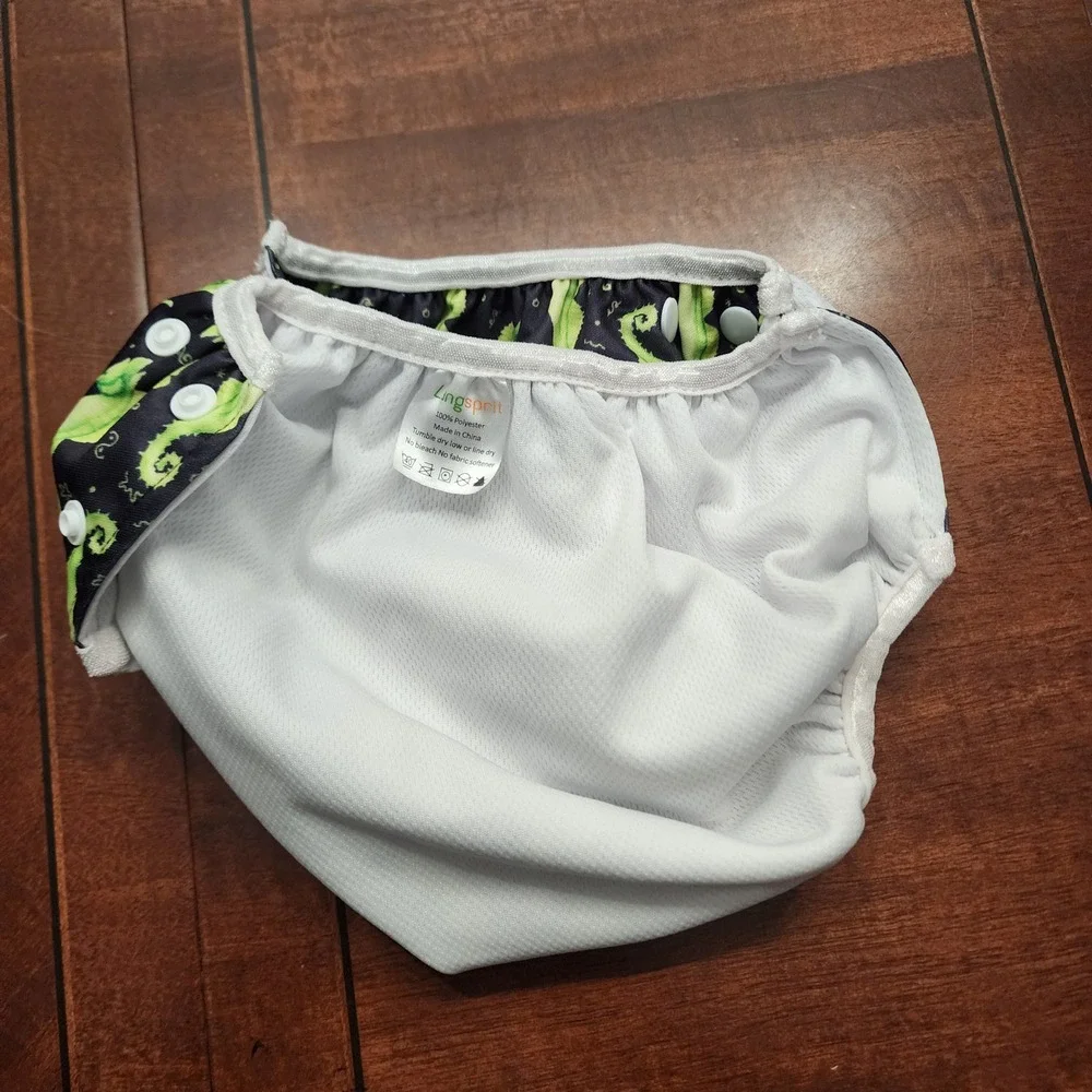 Langsprit Swim Diaper Kids Large Black Green Seahorse Reusable Cloth Snap Pool